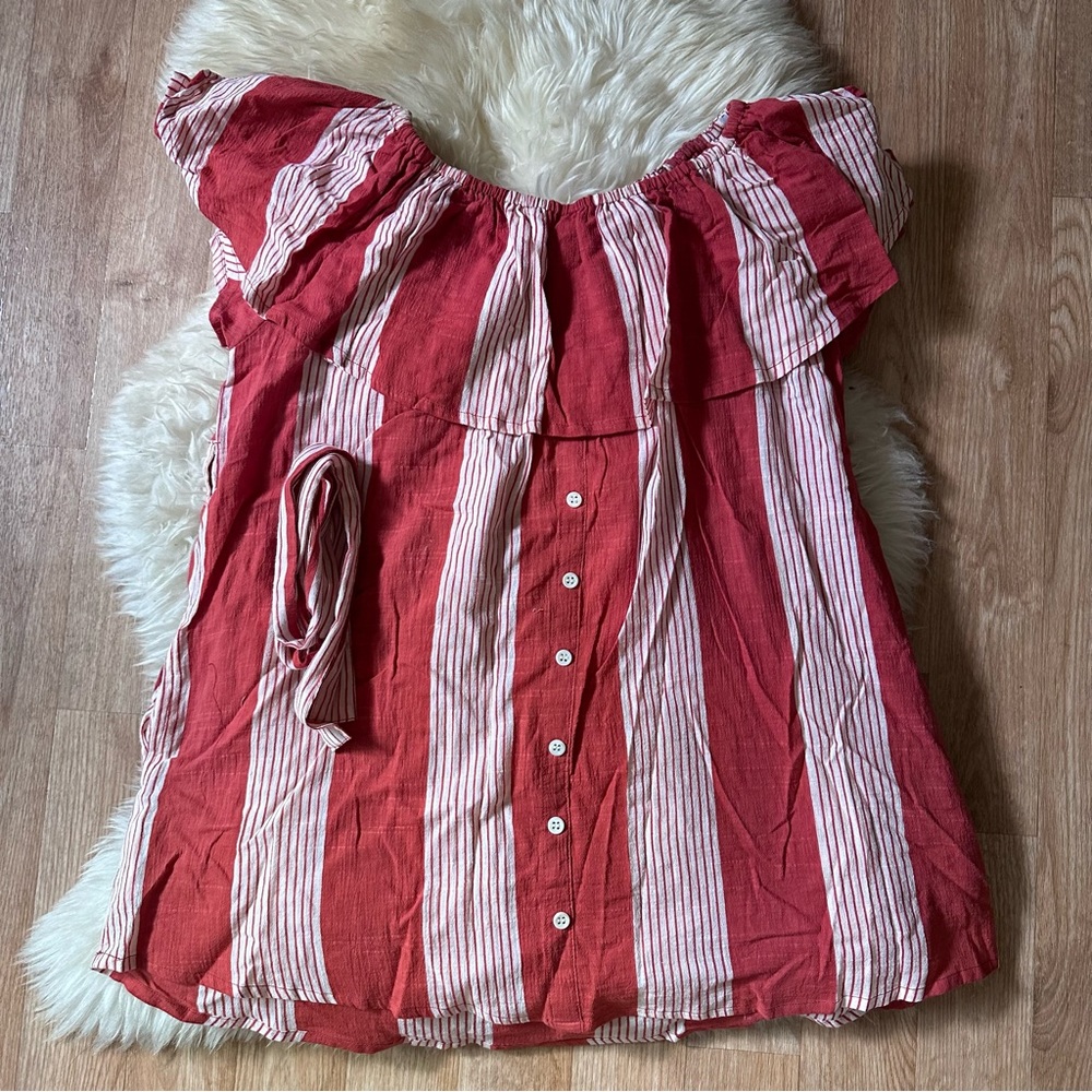 Faithfull the Brand Red Pinstriped Amalfi Off Shoulder Dress - Picture 5 of 6